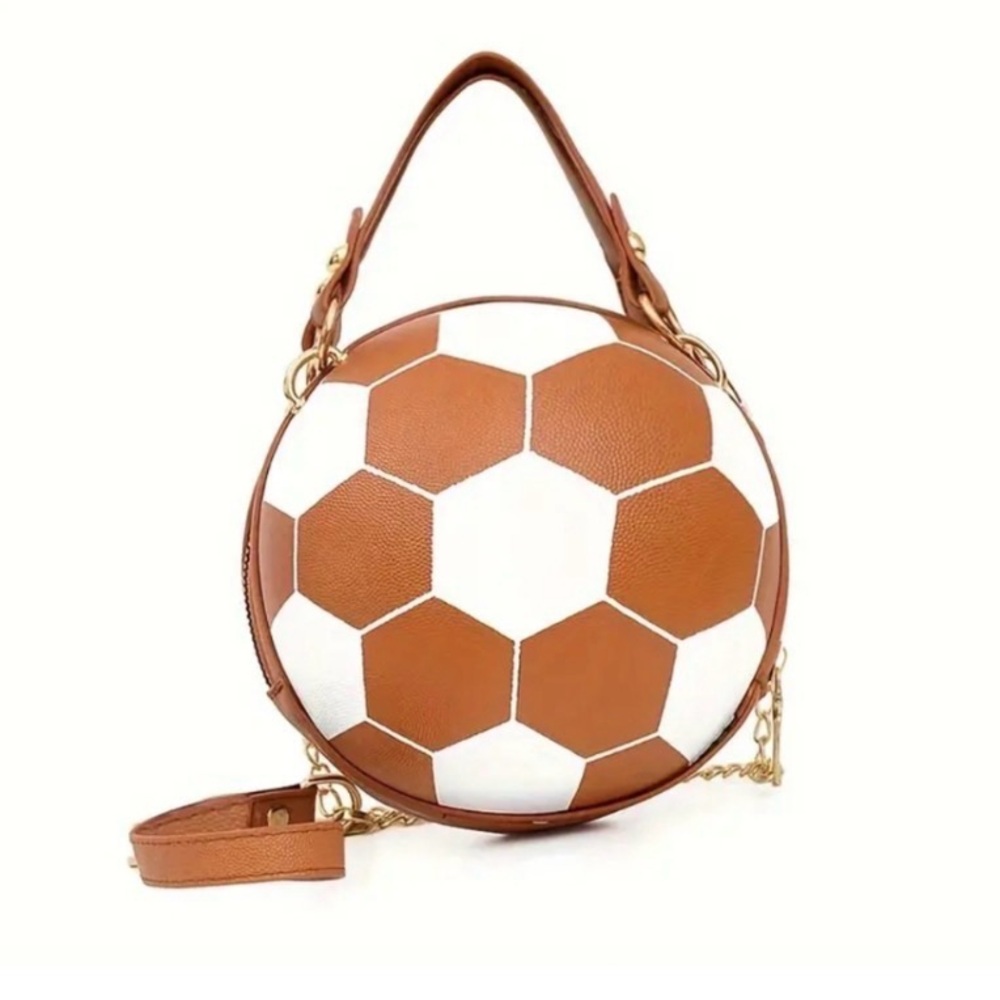Tan & White Round Leatherette Soccer Patch Crossbody Bag